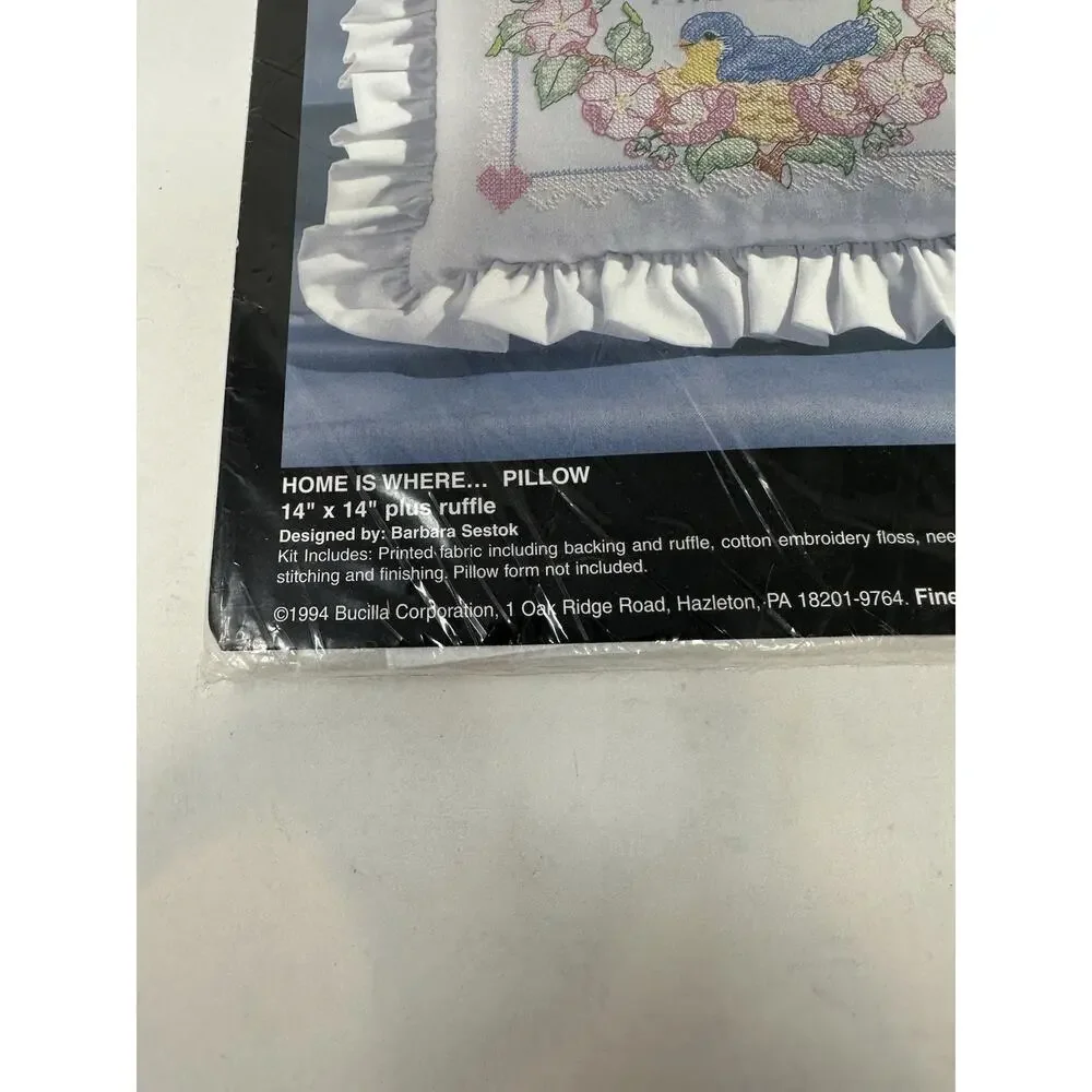 Bucilla Stamped Cross Stitch Kit Home is Where the Heart Is Pillow Ruffle 40912